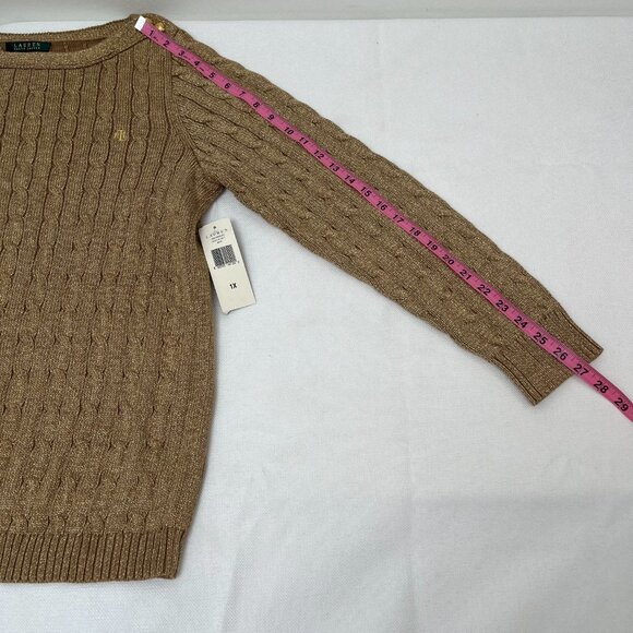 NWT Lauren Ralph Lauren Gold Metallic Cable Knit Sweater Holiday Gold Buttons 1X - Picture 10 of 11
